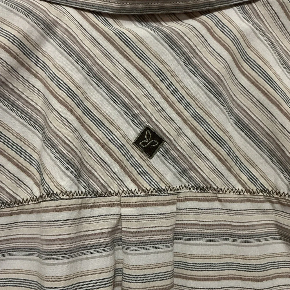 Prana Men's Button Up Short Sleeve‎ Shirt Stripes Large Neutral Tan Blue Cream